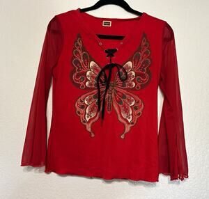Vintage Y2K Minerva Sheer Split Bell Sleeve Butterfly Top Red Size S